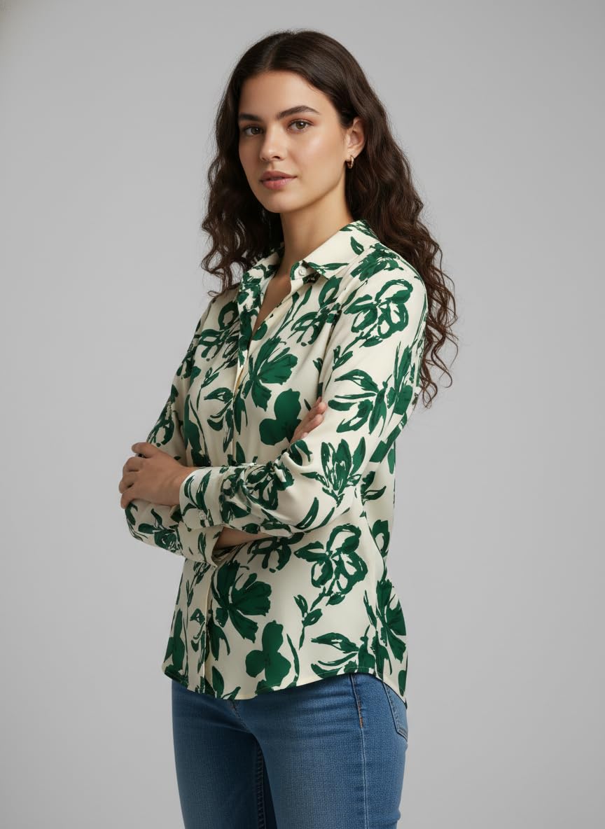 ANNI Designer Bedrucktes Damenhemd aus Baumwollmischgewebe, langärmelig, normale Passform, Hemdkragen, legere Bürokleidung, elegante Western-Kleidung für den Alltag, Hochzeit, Party