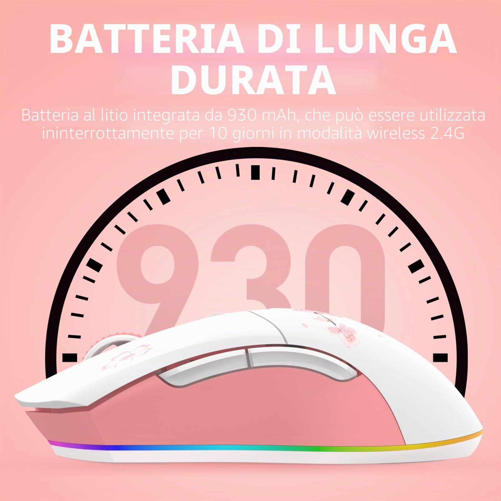 DAREU Sakura Rosa Mouse Gaming Pink con dock di ricarica ricaricabile RGB, 12 K DPI, 7 pulsanti programmabili, sensore ad alta precisione [300IPS] [1000Hz] per PC Notebook Mac