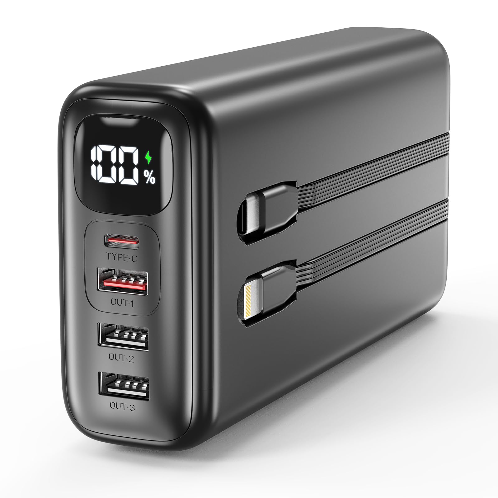 Powerbank 51000mAh, 22,5W Schnellladung Externer Akku mit integriertem USB-C und Lightning Kabel, LED Anzeige, 6 Ausgänge für iPhone 16 15 14, Huawei, iPad, Camping, Notfall