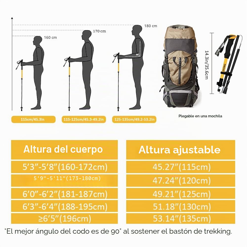 HUINING Bastones de senderismo plegables, 2 bastones de trekking de aluminio, para hombre y mujer, ligeros y plegables, ajustables, 115-135 cm, para deportes de montaña, senderismo y excursionismo