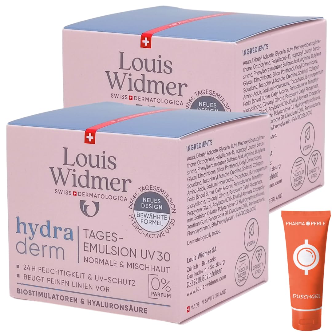 Louis Widmer hydraderm Tagesemulsion UV30 unparfümiert 2x 50 ml I für normale & Mischhaut I Anti-Ageing Tagespflege I Feuchtigkeit I Lichtschutzfaktor 30 I Spar-Set plus Pharma Perle give-away
