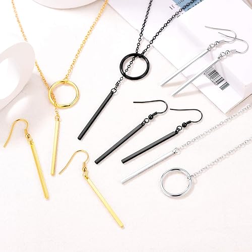 Vista 4 de FOCALOOK Collares largos para mujer, chapados en oro de 14 quilates, delicado colgante de barra de gota en forma de Y, juego de aretes de 28 pulgadas