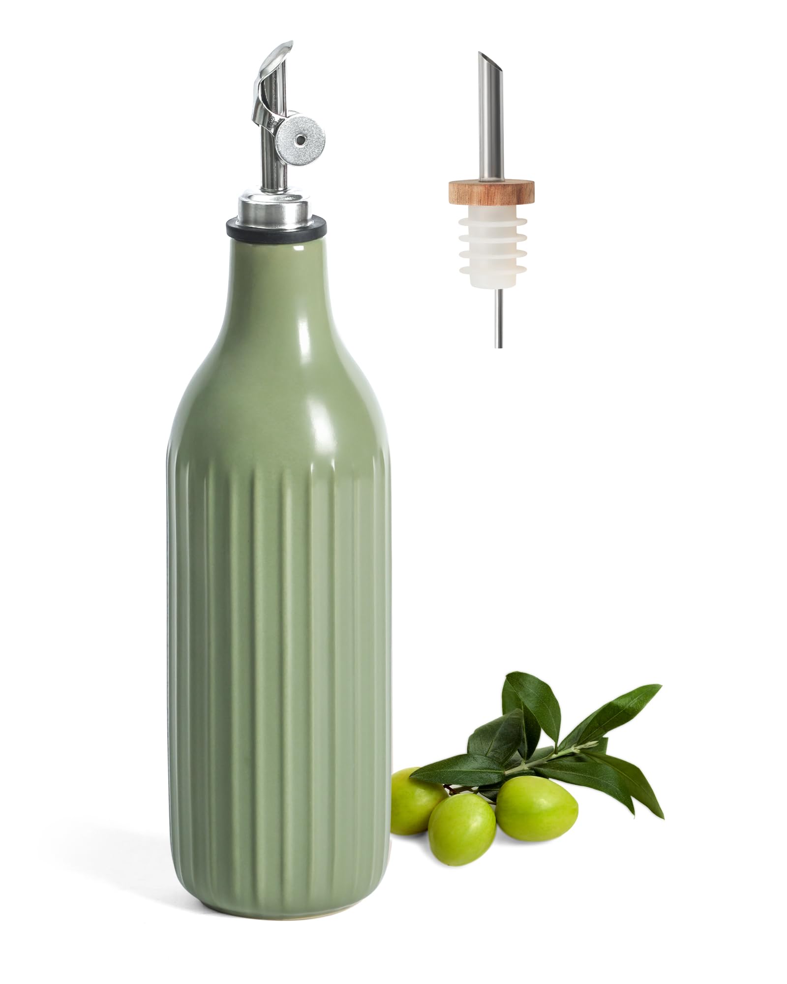 FUN ELEMENTS Olive Oil Dispenser Bottle, 600ml Ceramic Opaque Cruet for Olive Oil & Vinegar for Balsamic, Cooking Oil, Syrups & Dressings (Green)