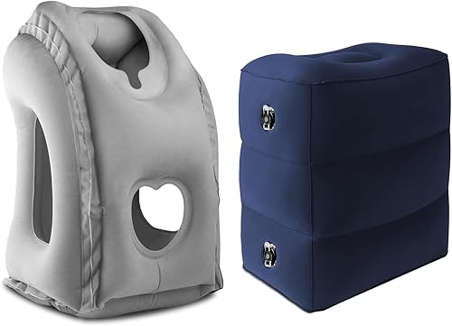 Almohada inflable de viaje (gris)almohada inflable para descanso de pies (azul), adecuada para aviones, automóviles, siesta de oficina, hogar y