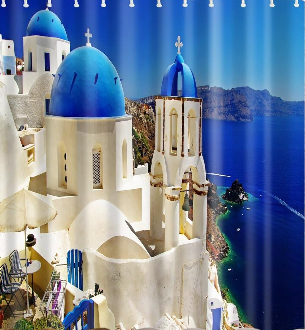 Dzmaimo Color-11 Custom Bathroom Shower Curtain Polyester House Decor With View Of Classic With Blue Santorini Greece 12 Shower Hooks 72 X 72 Inch