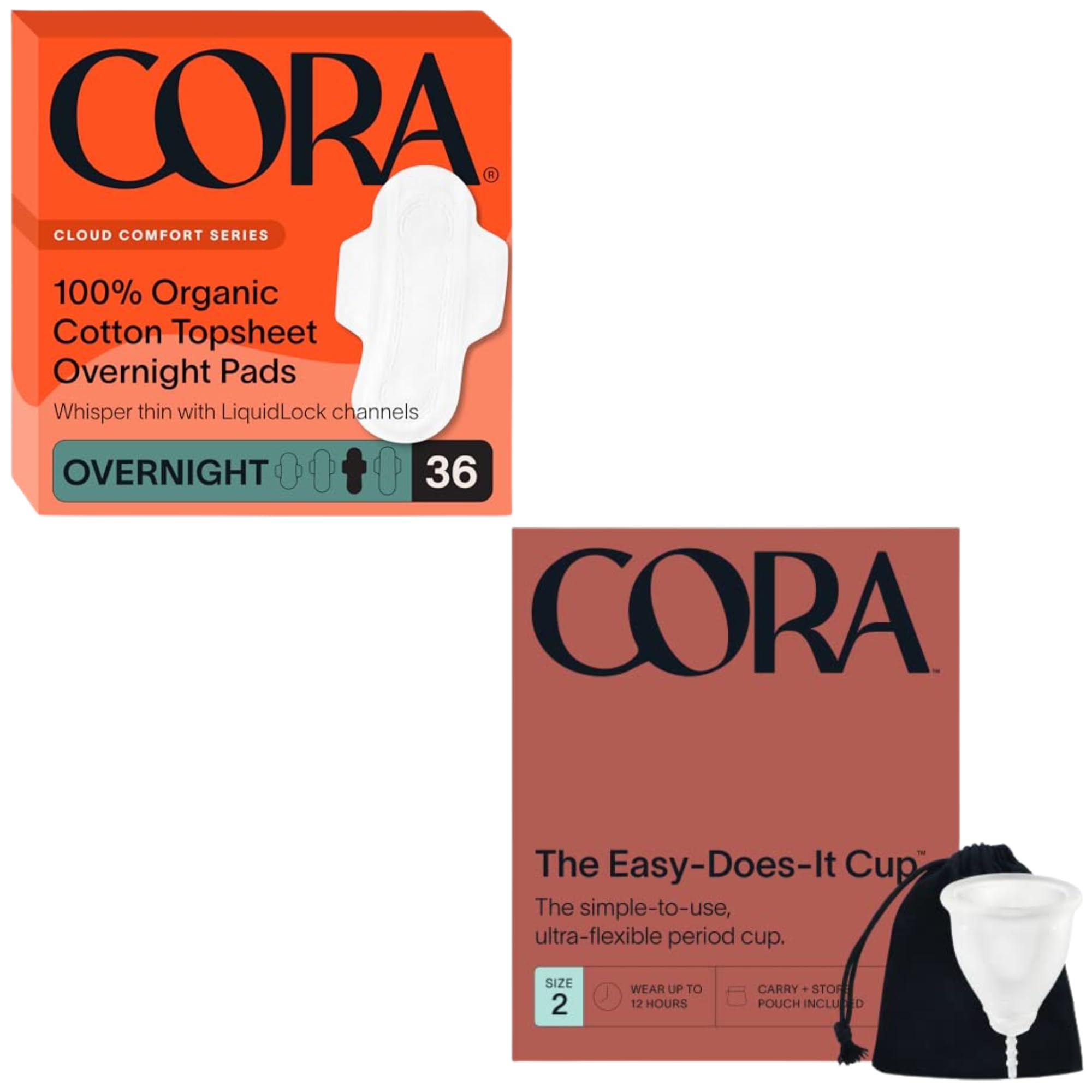 Cora Organic Feminine Care 36 Overnight Pads with Wings and a Size 2 Menstrual Period Cup Medical Grade
