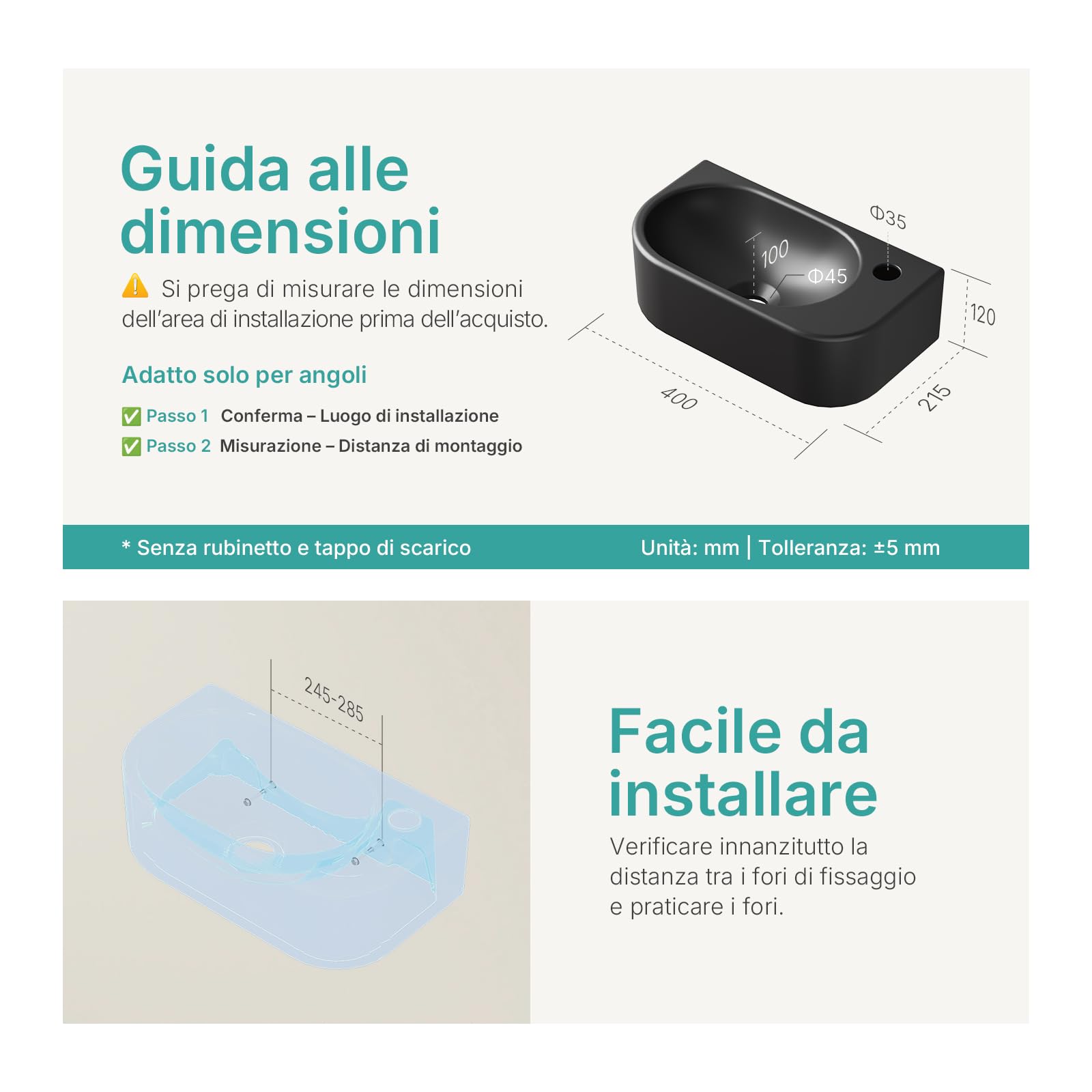 EMKE Lavamano Sospeso 40 x 21,5 x 12 cm, Lavandino Nero Opaco Rettangolare per Bagno Piccolo e WC, Mini Lavabo a Parete con Rubinetto a Destra - Senza Rubinetto e Piletta
