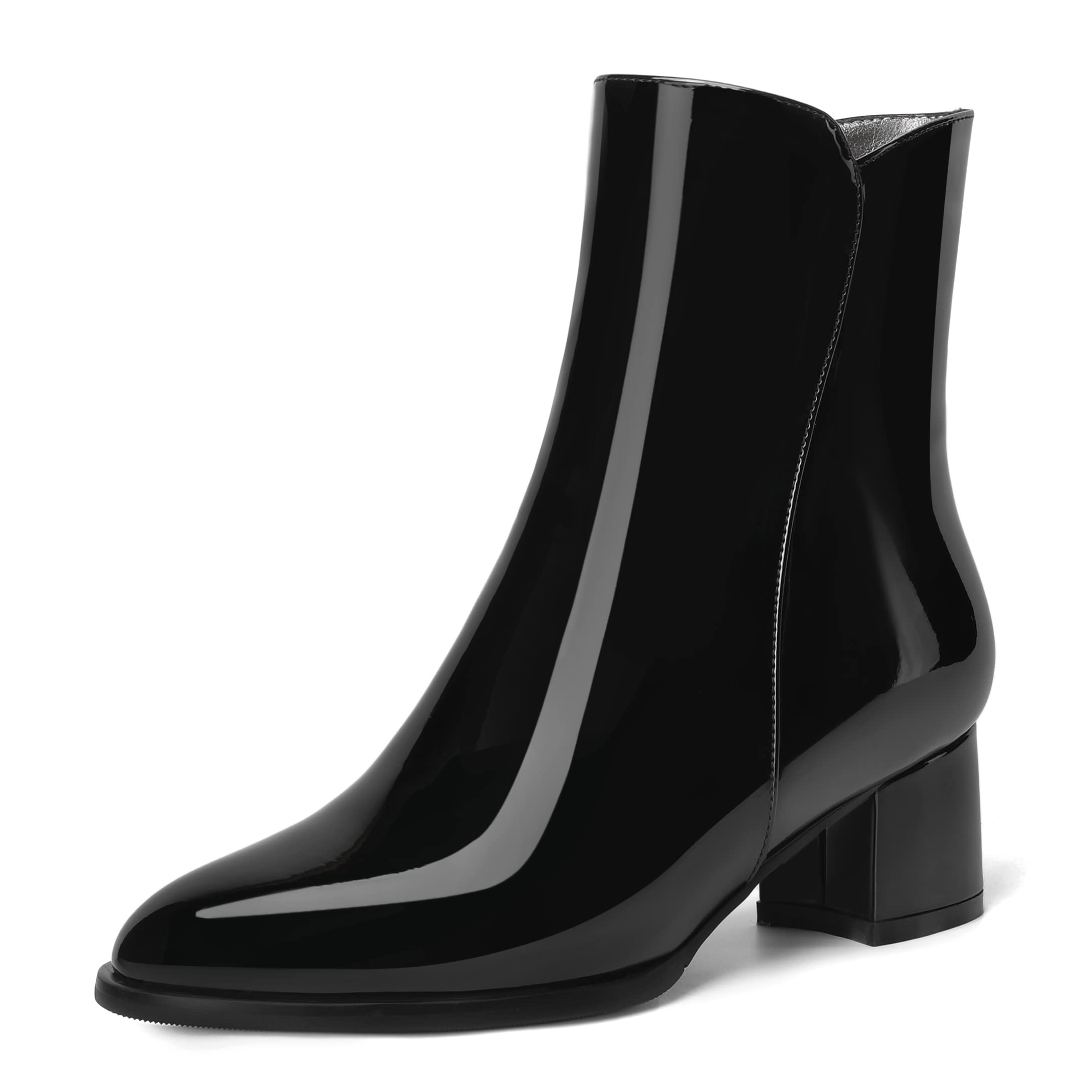 ROSERWISH Womens Round Toe Fashion Fall and Winter Side Zip Casual Patent Chunky Low Heel Ankle High Boots