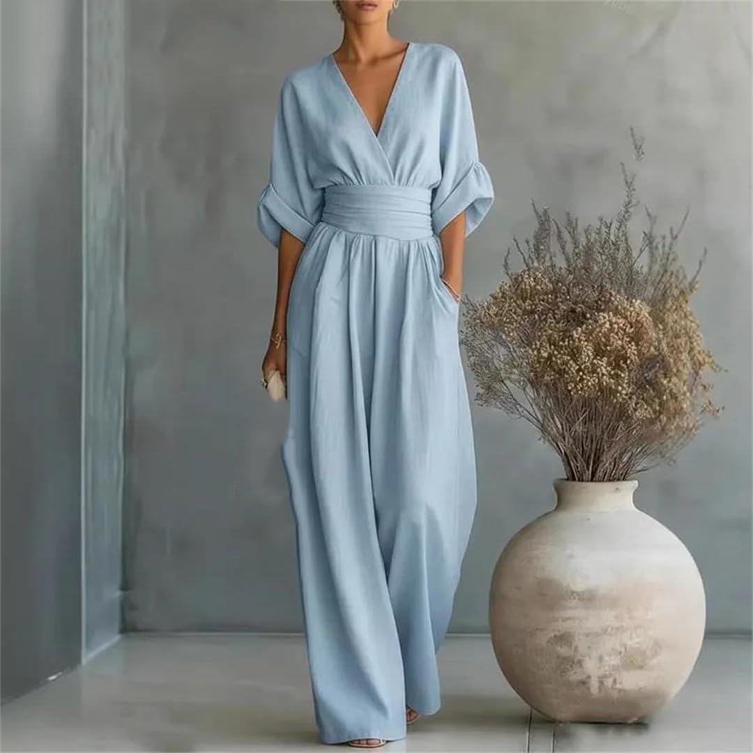 Yeuyyben Enterizo de media manga con cuello en V para mujer, cintura alta, pantalones de pierna ancha, estilo casual, traje de verano, trabajo, viajes