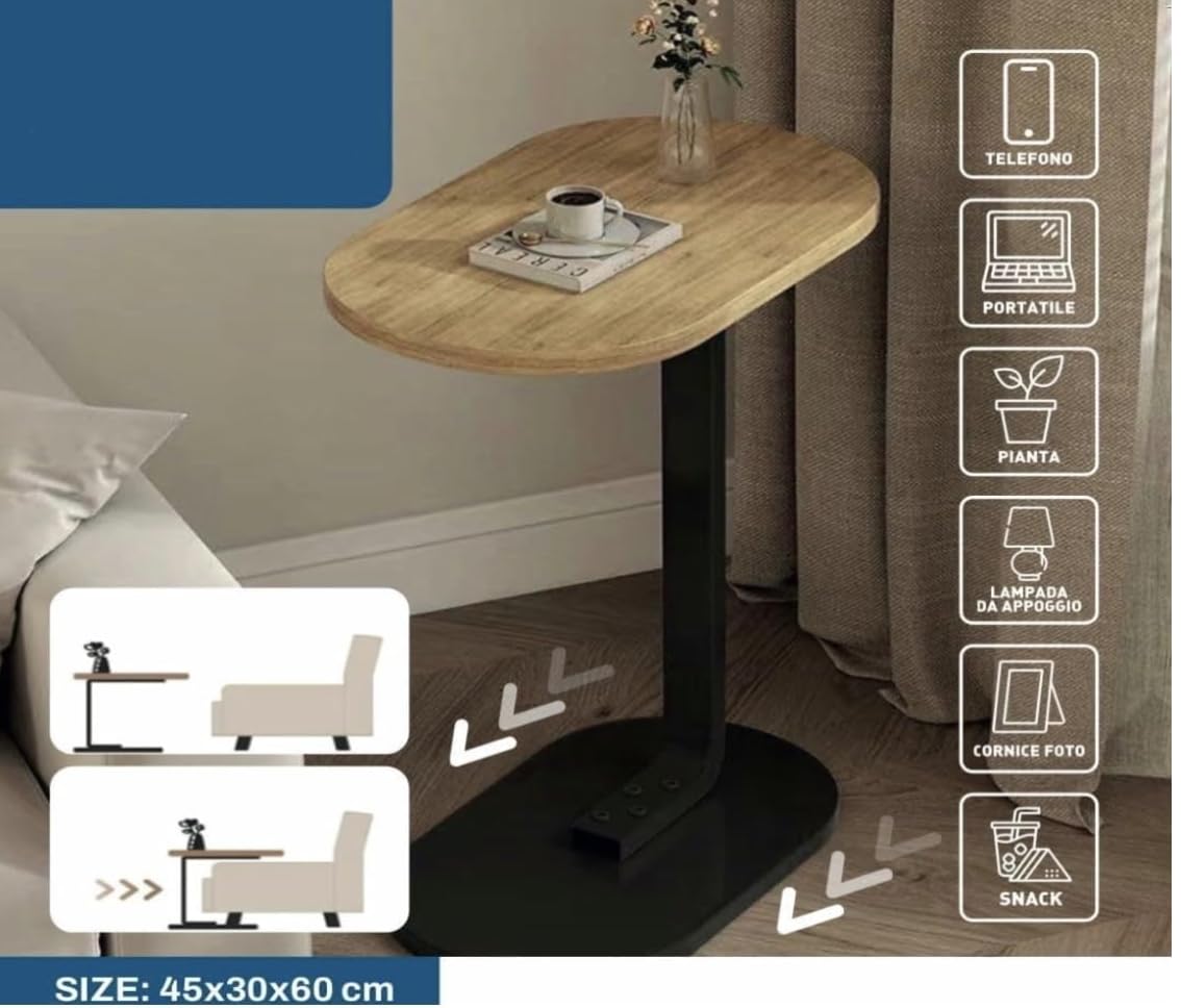 Generico bdit accessori Tavolino Laterale Moderno in Legno e Metallo, Salvaspazio 60 cm, Piano Ovale 44x28 cm, Base 40x23 cm, Comodino Minimal per Soggiorno e Camera da Letto (beige)
