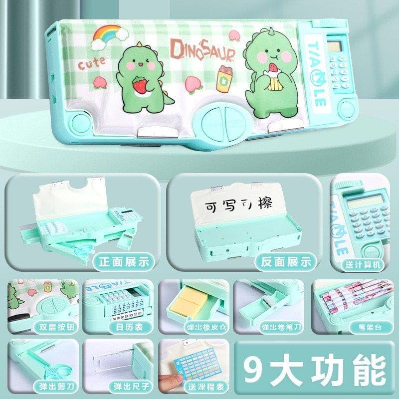 Image of Multifunctional School Pencil Box with Calculator Cute Cartoon Stationary Compass for Boys Geometry Kids with Inbuilt Scissor Ruler Eraser&Sharpener Box Best Gift (Green Dinosaour-Calculator)