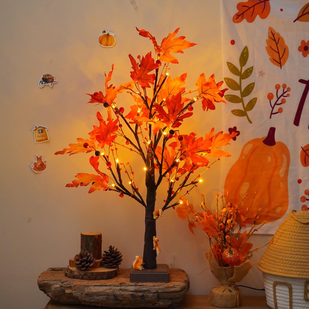 JORIX 60cm Christmas Twig Tree Light Maple Leaf Christmas Pre-Lit Birch Tree Lamp USB & Battery Powered 24 LED Warm White Tabletop Artificial Tree for Father's Day Home Decor