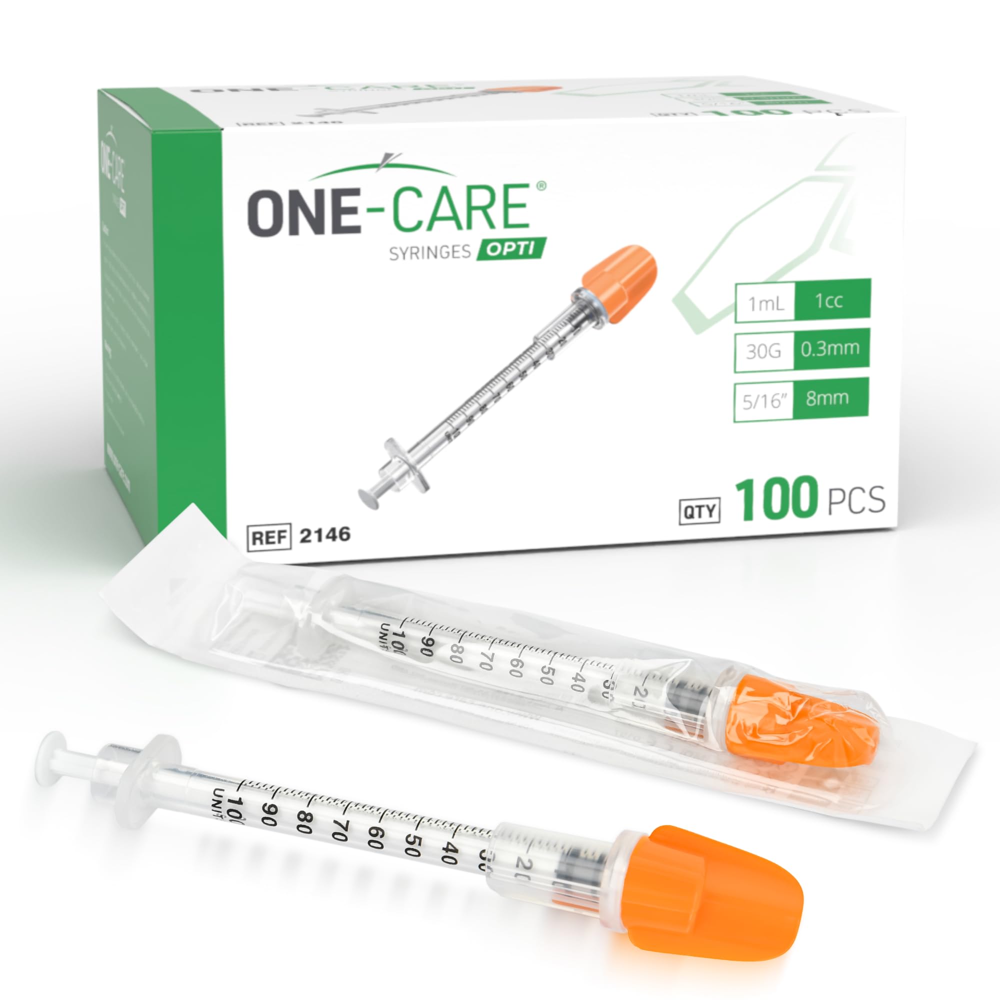 ONE-CARE 100bx 1 ml 30Ga x5/16 8 mm, medición de muestra, empaquetado en ampolla, REF 2146