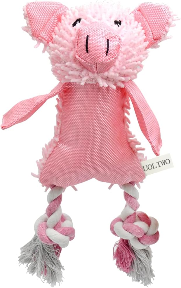 Squeaky Pig Toys for Dogs, Durable Puppy Squeaky Dog Toys Stuffed Animal Plush and Oxford Dog Chew Toy with Rope Legs and 3 Squeakers for Small and Medium Dogs