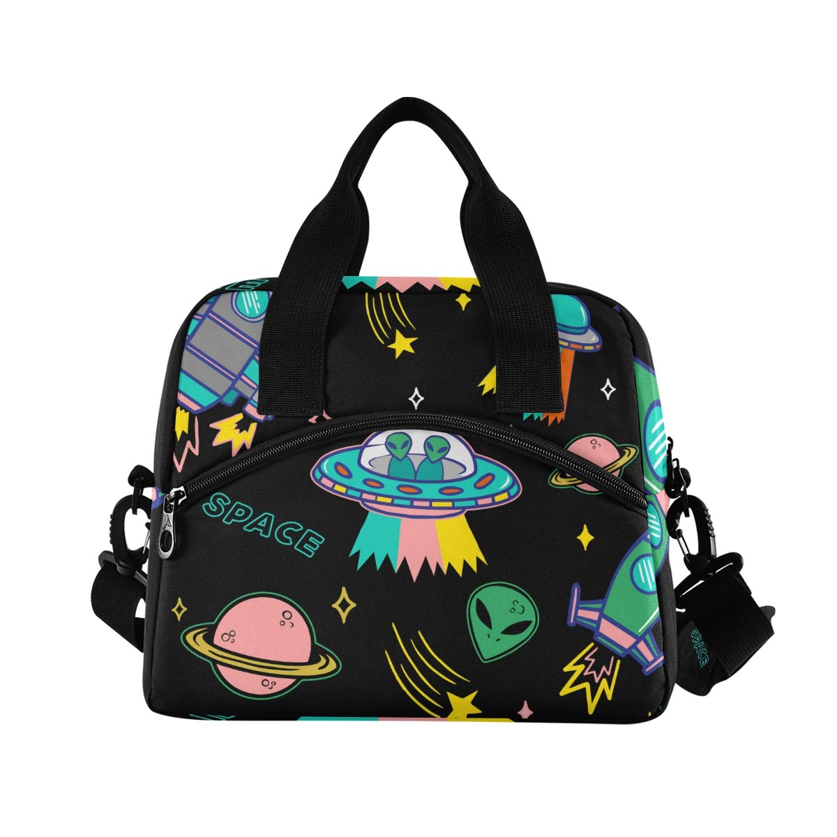 OREZI Insulated Lunch Tote Bag for Adult Men Women,UFO Aliens Spaceship Planet Kid's School Lunchbox with Detachable Shoulder Strap for School Office Fishing