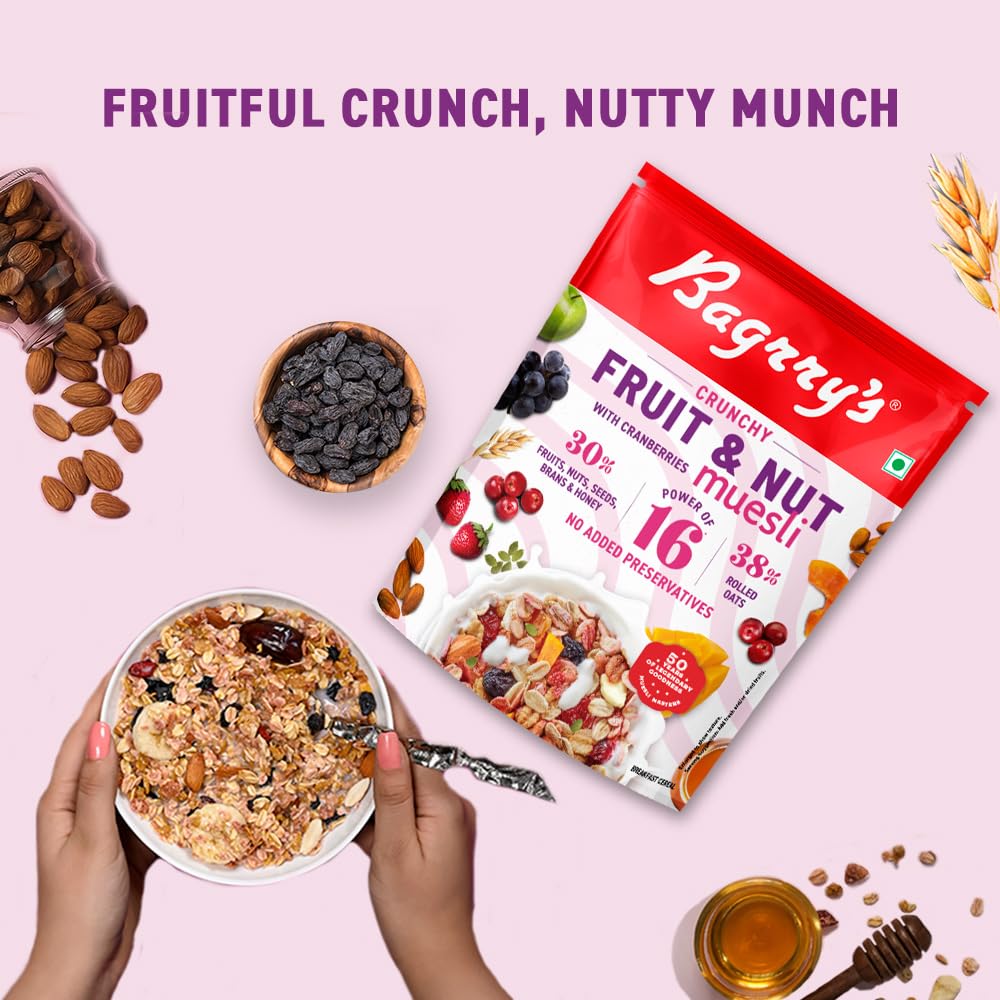 Bagrry’s Crunchy Fruit & Nut Muesli with 30% Fruits, Nuts, Seeds, Bran & Honey – 750G | 16 Power Ingredients | Freeze Dried Fruits, Nuts, Seeds & Cranberries Muesli | No Candy | 38% Rolled Oats, No Corn flakes | Fibre & Protein Rich Breakfast Cereal | No Palm Oil | No Added Preservatives 3