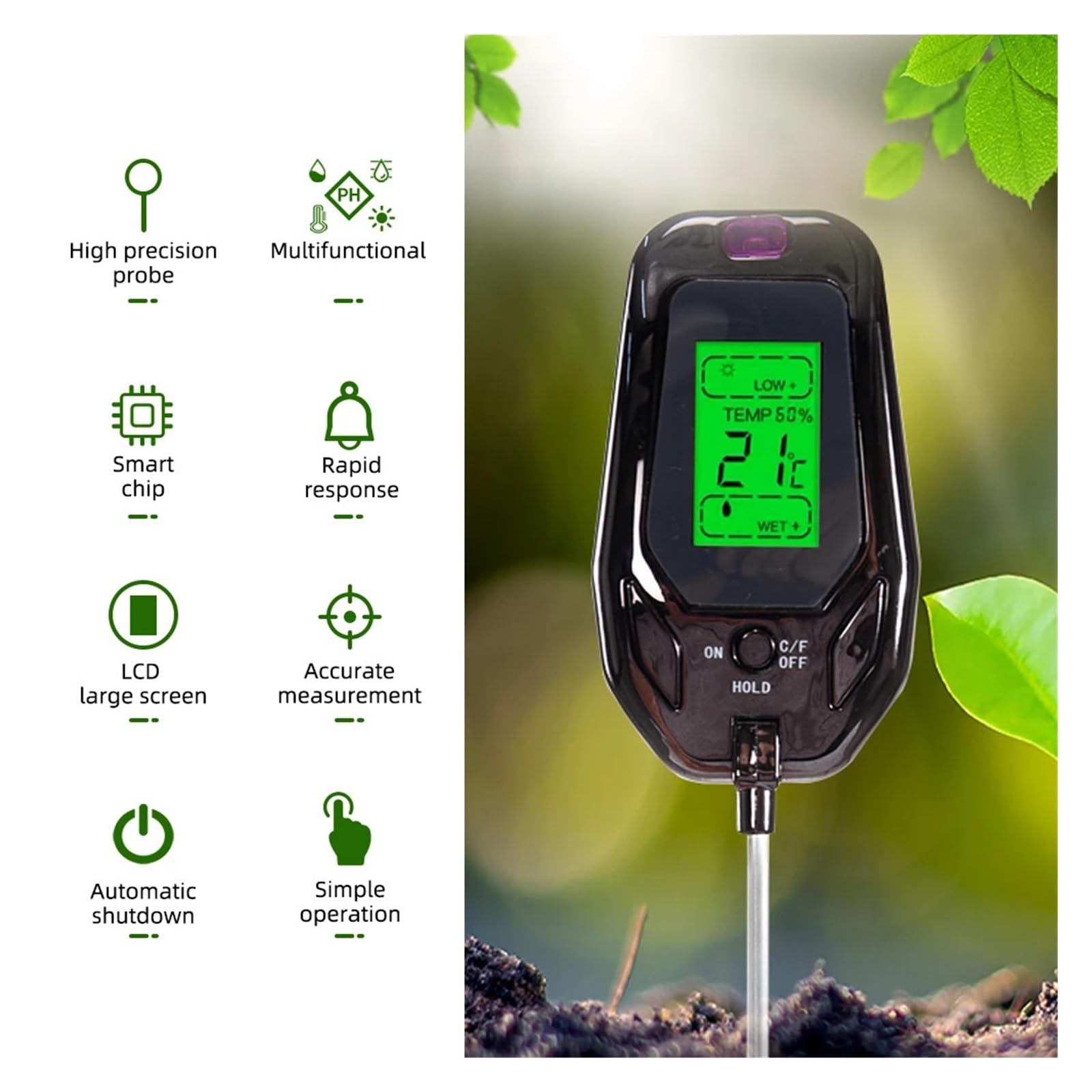 Medidor de Humedad del Suelo Medidor De PH del Suelo 5 En 1, Analizador Digital De Temperatura, Humedad, Luz Solar, Humedad, Acidez del Suelo De Jardín For Plantas De Granja Fiable y Preciso