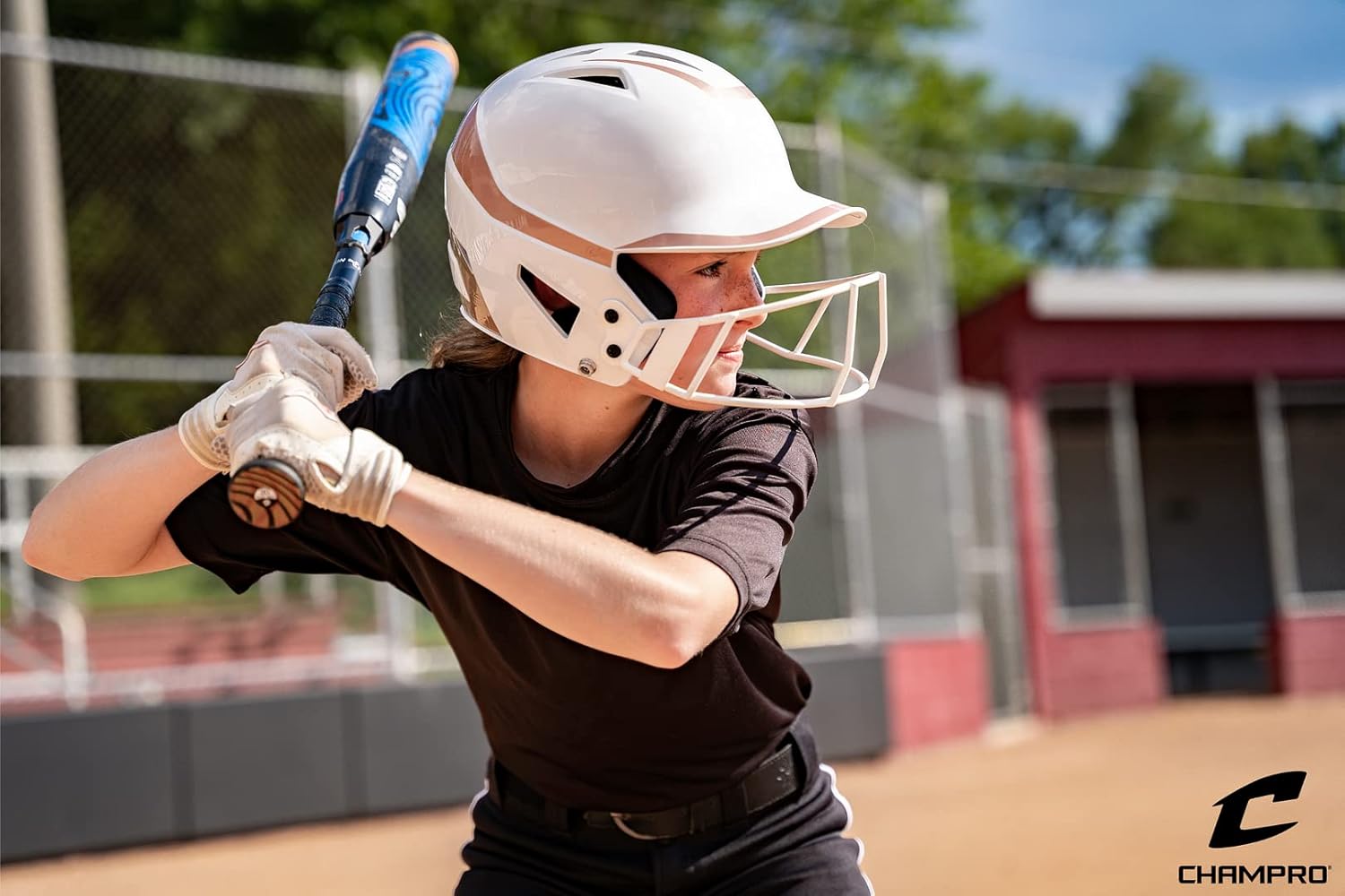Champro Rise Pro Girls Softball Batting Helmet with Face Guard - Girls Softball Helmets - Bio Fresh/DRI-Gear Moisture Wicking Pad Liner - White/Rose Gold, Senior