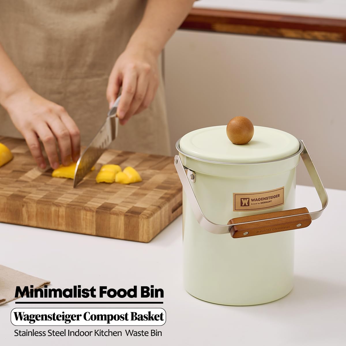 WAGENSTEIGER Kitchen Countertop Compost Bin 101Ounces / 3Liter with Airtight Lid, SUS304 Stainless Steel Odor-Free Food Waste Bin with Wooden Handle Stylish Design/Bathroon Trash Can (Mint Green)
