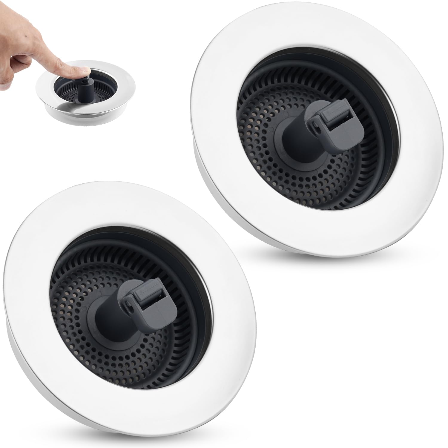 Hygie Rinse 2pcs Pop Up Kitchen Sink Strainer 3-in-1 Sink Stopper Drainer for US Standard 3-1/2 inch Drain Filter, with Upgrade Folded Handle, Chrome Stainless-Wraped Shell, Anti-Clog