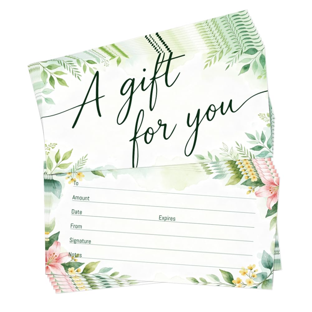 TNKBREEZE 40 Sets Green Botanical Gift Certificates with Envelopes Business Blank Gift Cards Generic Fill-in Vouchers Coupon Card for Floral Shop Garden Party Beauty Salon Birthday Wedding 6.6x3.3in
