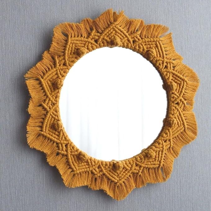 tms boho mustard macramé mirror with fringe - 10 inch round mirror diameter, 18 inch total length - handcrafted decorative wall hanging for bohemian home décor -1 piece