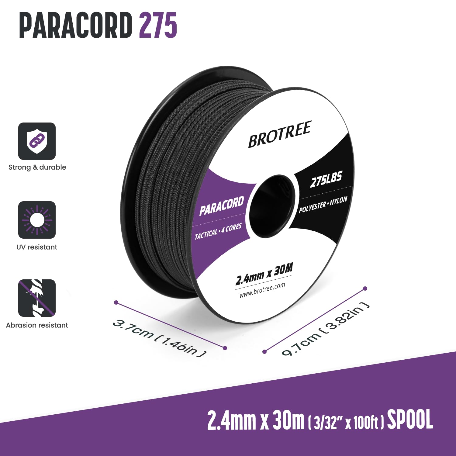 Brotree Paracord 2,4 mm 275lb Corda Nylon 30M 4 Fili Bobina Corda Sopravvivenza - 125 kg Carico di Rottura (Nero)