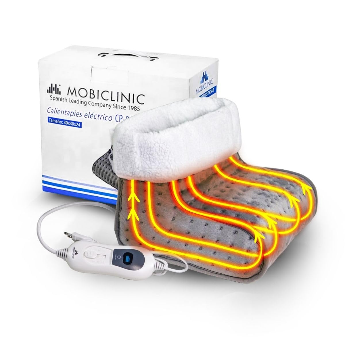 Mobiclinic, Calientapiés eléctrico, Muy bajo consumo, 100w, Apagado automático, Lana y vellón, Marca española, Forro interior fácilmente lavable, 3 niveles de temperatura, 30 x 24cm, Gris