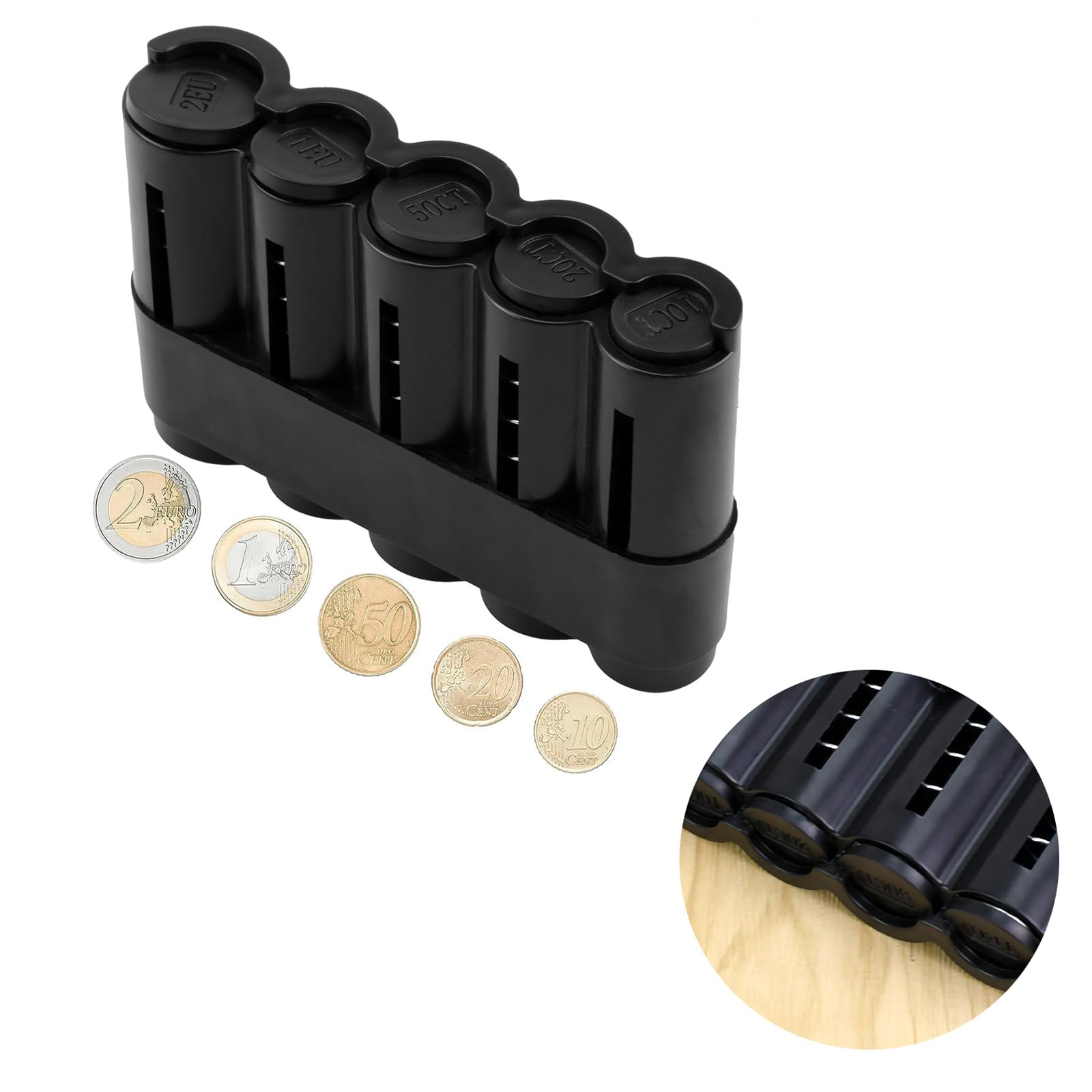 Spring Coin Dispenser,5-Hole Compact Euro Holder for Car,Coins Changer,Portable Euro Money Organiser Box,Professional Change Sorter for Waiters Taxi Drivers and Market Vendors(Black)