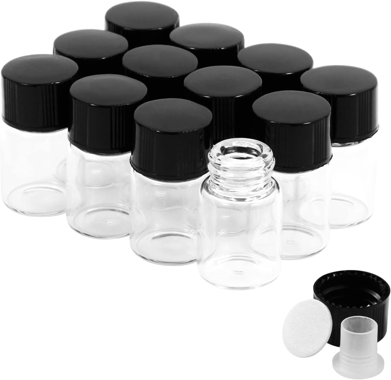 2ml Clear Glass Vials with Screw Caps and Plastic Stoppers, 1/2 Dram Small Liquid Sample Vial, Leak-Proof Vial, 12PCS