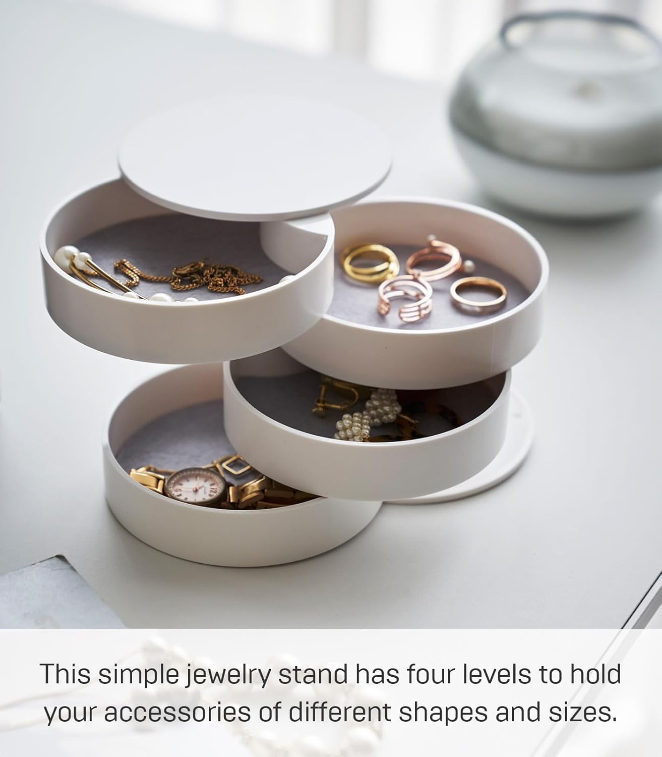 YAMAZAKI Home Tower Rotating Jewelry Organizer, 4-Tier Storage Box, Stacked Accessory Trays - Abs Plastic