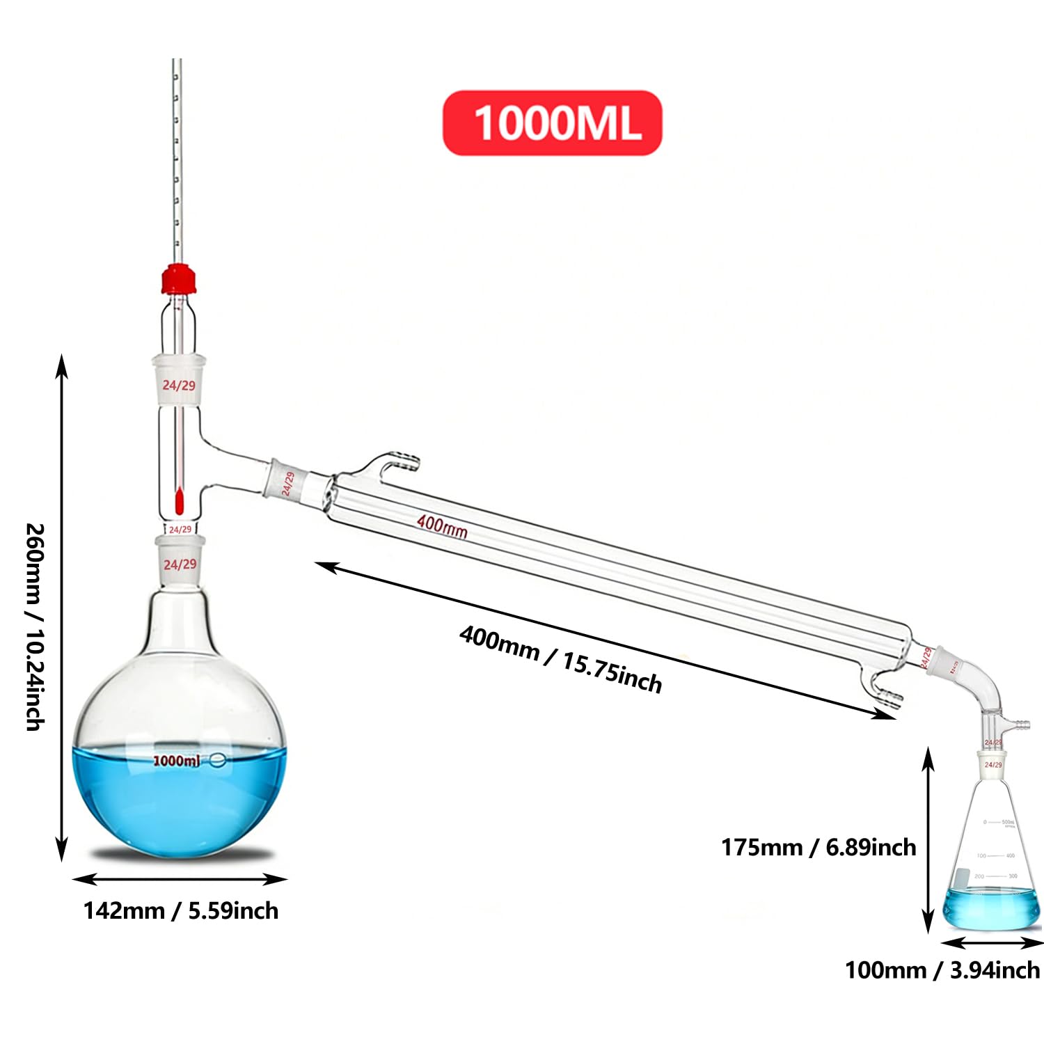 Conjunto de destilación de laboratorio Aparato de vidrio de borosilicato Kit de vidrio de laboratorio de química 24/29 Junta (1000ml)