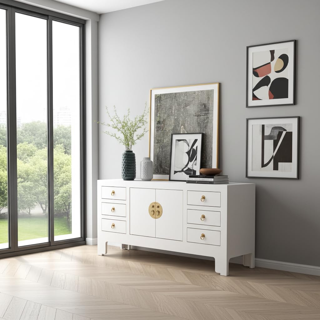 Fine Asianliving Mobile TV Cinese Bianco Neve - Orientique Collezione L121xP37xA61cm Chinesischer TV schrank China Oriental Asiatique Fernsehschrank TV Regal TV Tisch TV Möbel TV Board