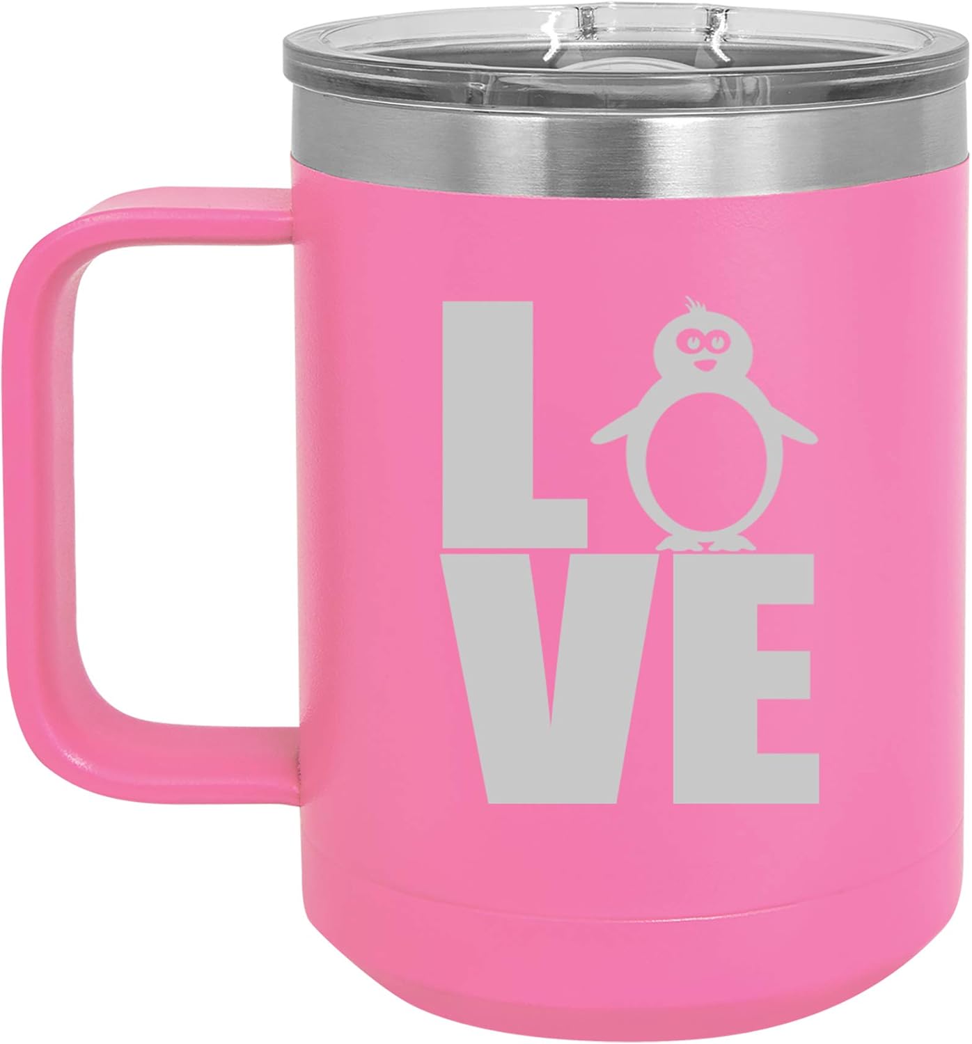 15 oz Tumbler Coffee Mug Travel Cup With Handle & Lid Vacuum Insulated Stainless Steel LOVE Penguin (Hot Pink)