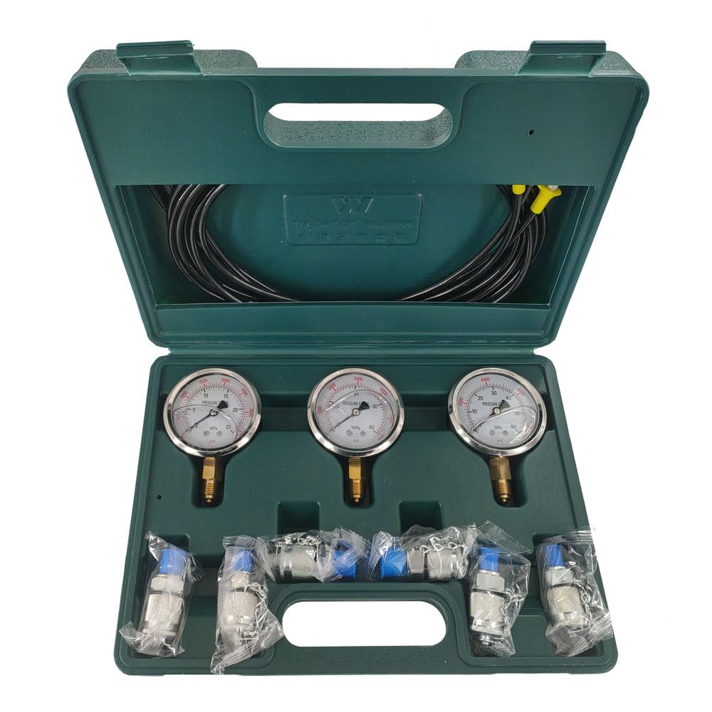 Kit manometro idraulico Kit idraulico per escavatore per misurazione della pressione con 6 raccordi di prova, 3 manometri, 3 tubi flessibili di prova per escavatori e macchinari da costruzione