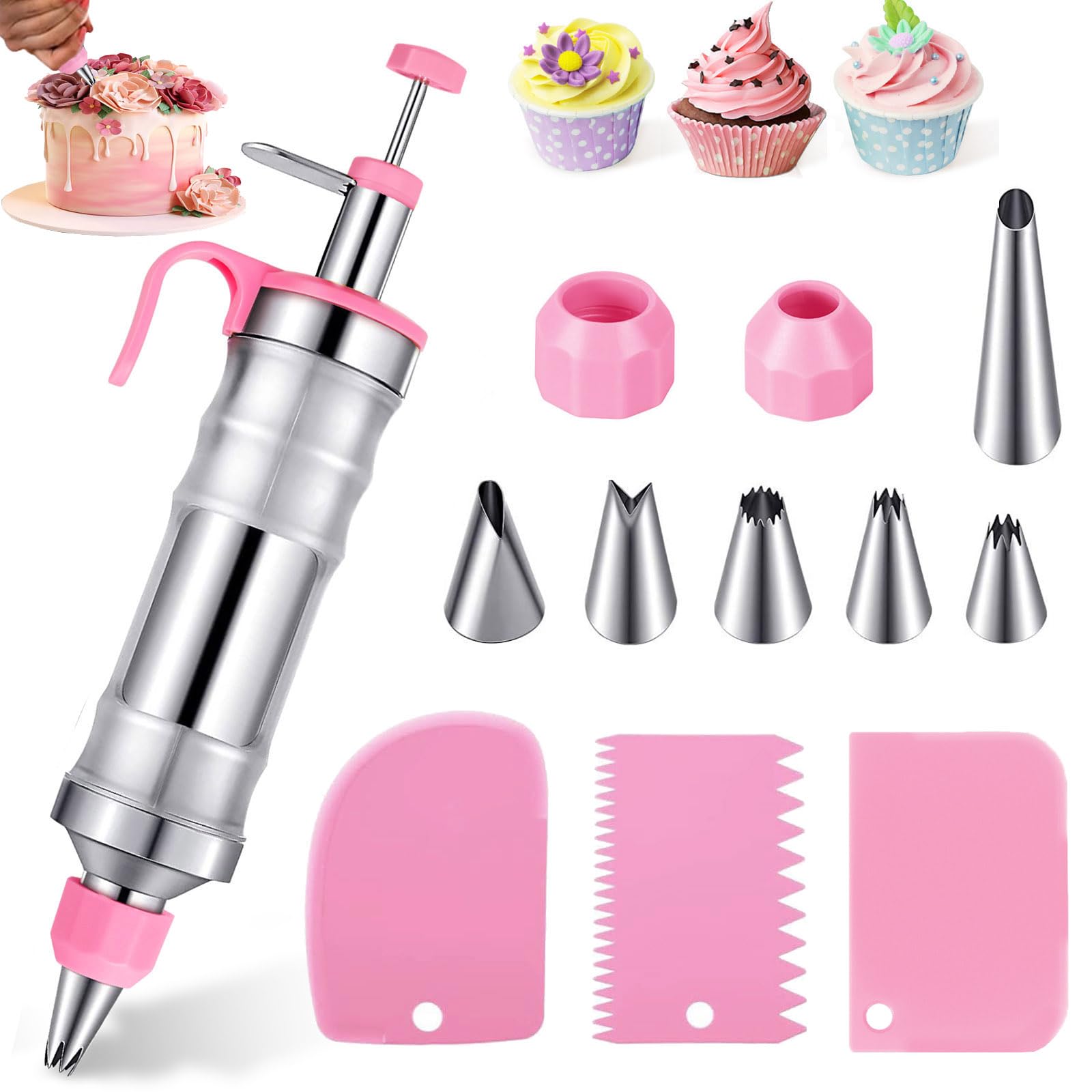 Kit Decorazione Torte In Acciaio Inox, 14 Pezzi: Siringa Per Glassa, 6 Ugelli, 3 Raschietti E Spazzole, Per Pasticceria E Cupcakes, Regalo Per Appassionati Di Cucina