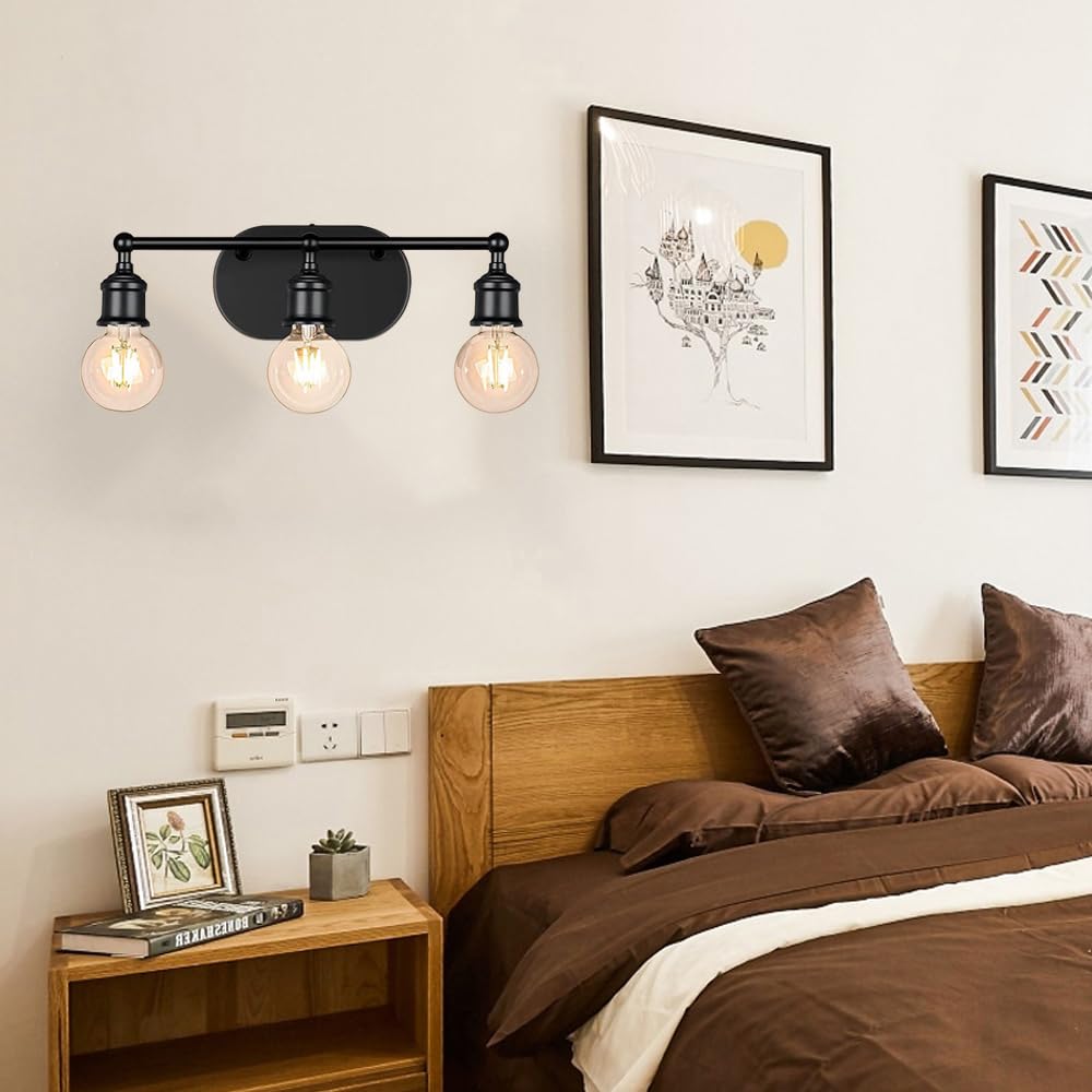Mengjay Lampada a Specchio Vintage per Bagno, Stile Industriale E27 Luce 3 Fuochi, Applique da Parete in Metallo Retrò 42CM (Nero/Oro)