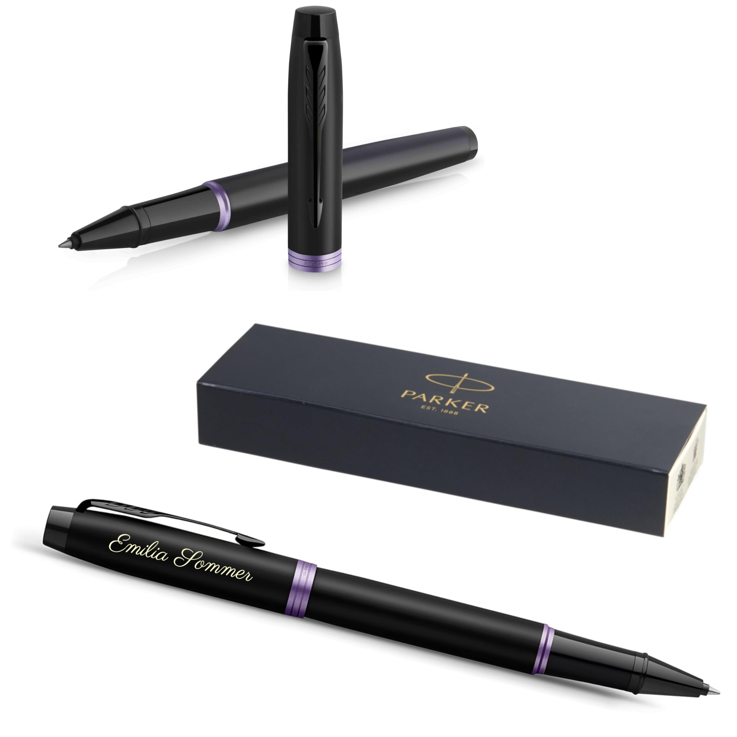 PARKER IM Professionals Vibrant Rings Rollerball Pen with Engraving, Premium Pen, Gift Box, Black Refill, Personalised Gift, Name, Birthday (Purple PVD)