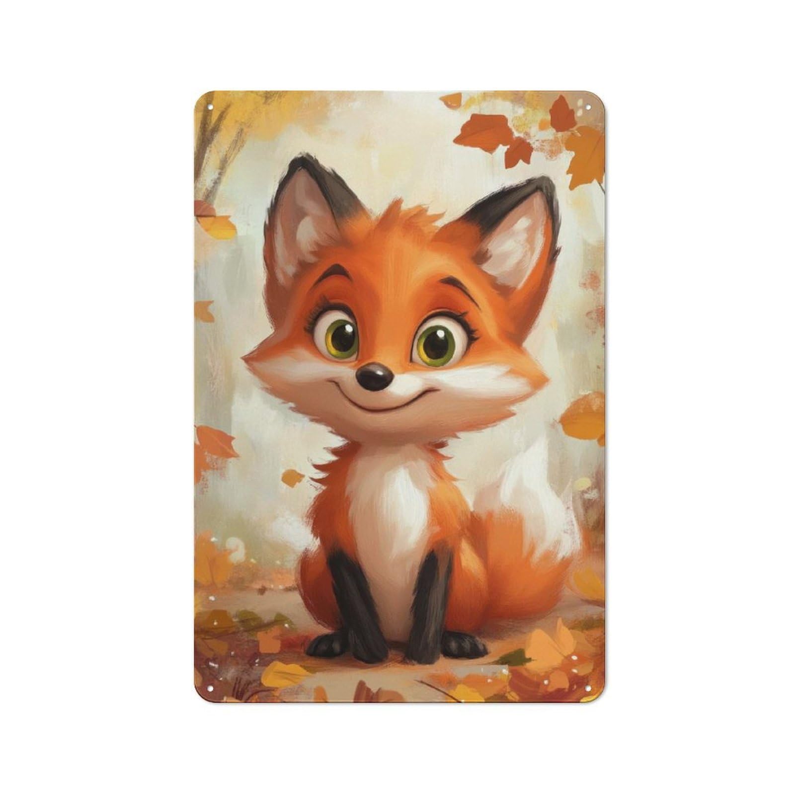 Junmoney Cute Fox In Autumn Printed Metal Sign 30X20cm For Hobby Room Or Studio, For Creative Interior Collectors
