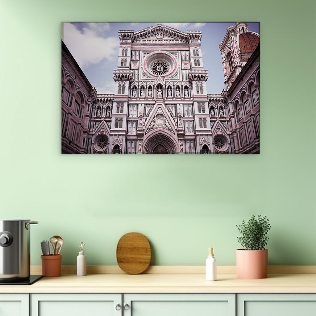 Canvas for Living room. Whispering Elegance in Stone The Mesmerizing Frontal Grandeur of Florence's Cathedral, 27 x 18 inch Canvas Wall Art - Ready to Hang - 69x46 cm (27x18 inch)