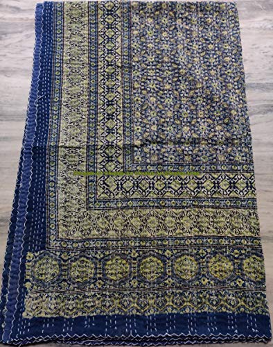 Sophia-Art Blue Cotton Kantha Quilt, Twin Size, Hand Stitch Ajrakh Bed-Cover, Indian Bohemian, Multi, 60