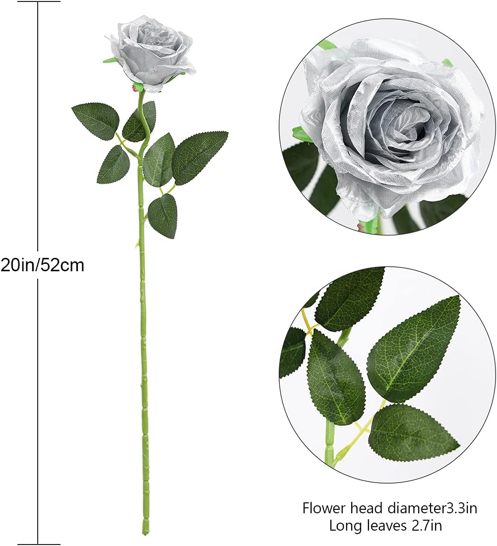 Hawesome 12PCS Artificial Silk Flowers Realistic Roses Bouquet Long Stem for Home Wedding Decoration Party (Silver 1) - Image 2