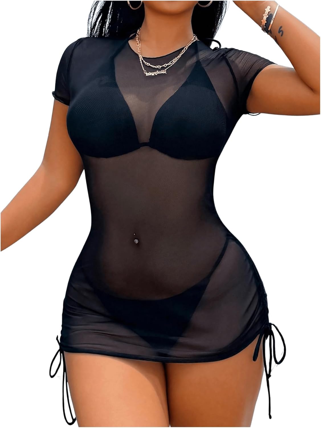 Women's Drawstring Ruched Swimsuit Coverup Short Sleeve Sheer Mesh Beach Dress Bathing Suit Cover Up