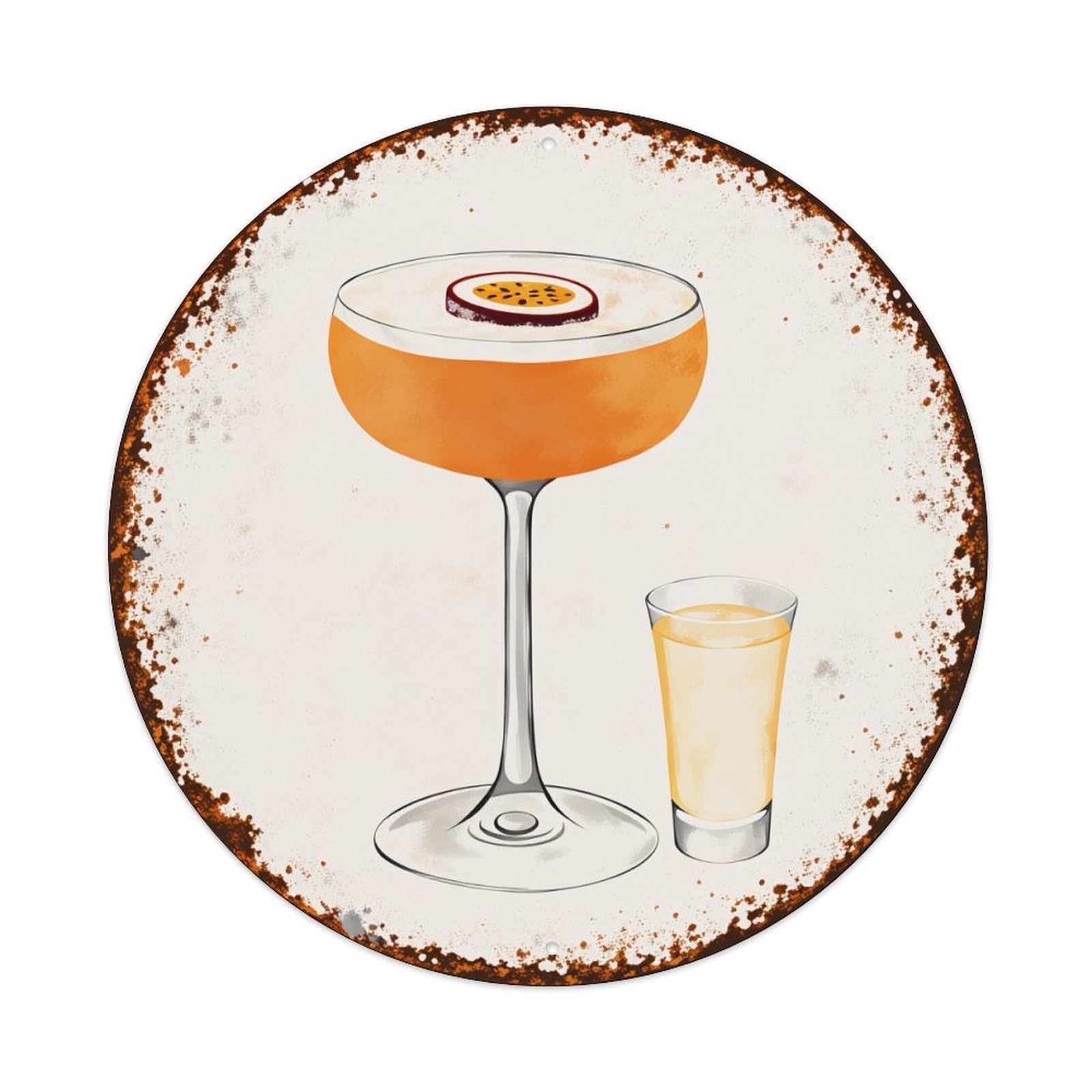 Cocktail Glass With Passionfruit Garnish Vintage Metal Tin Sign Retro Wall Decor for Home Bar Garage Cafe, Indoor & Outdoor Decorative，circle Metal Poster, 8x8 Inch