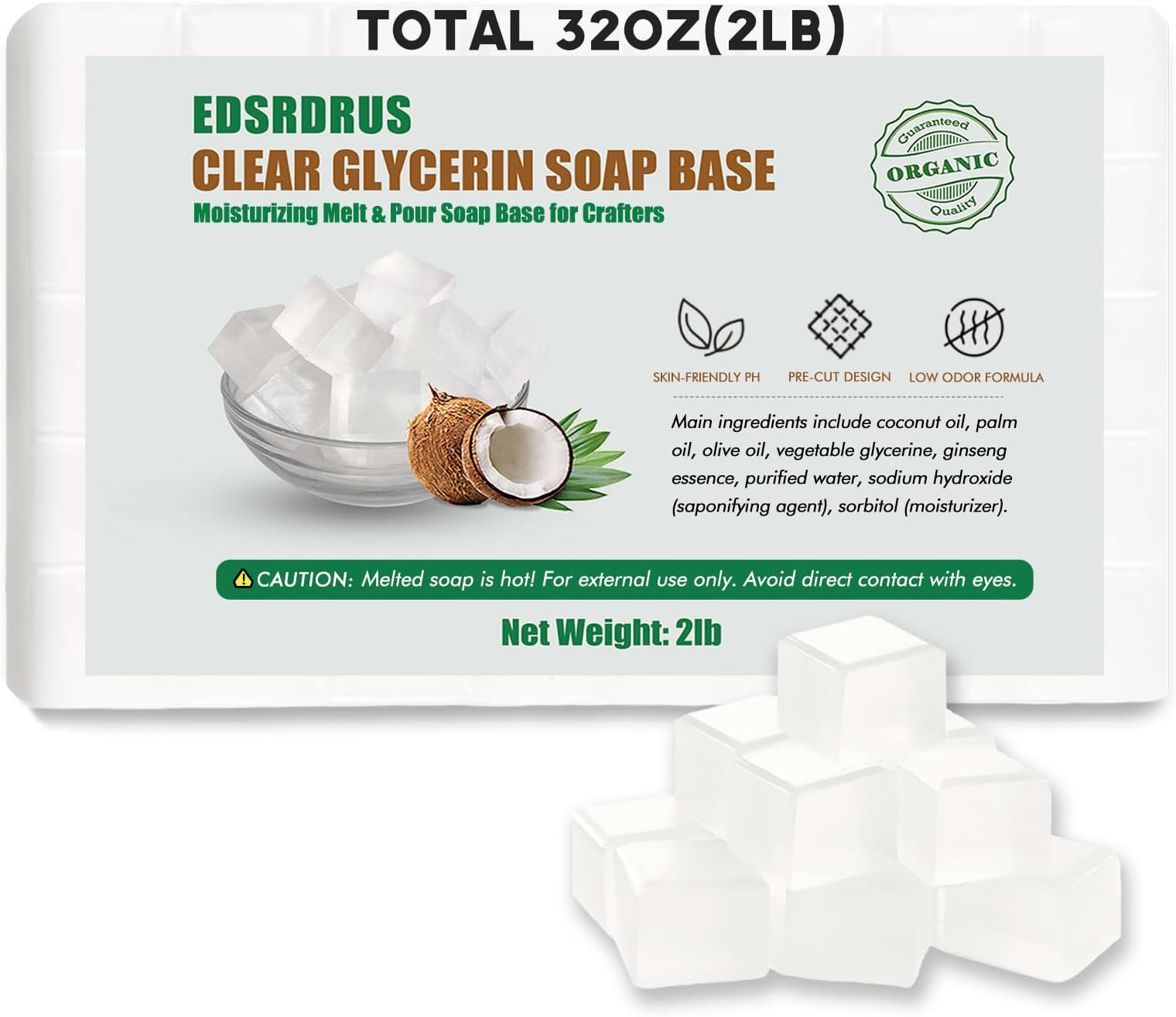 EDSRDRUS 2LB Unscented Glycerin Soap Base DIY Handmade Soap Moisturizing Melt and Pour Soap Base for Crafting, Vegetable Glycerin & Coconut Oil, Easy to Cut (Transparent, 2LB)