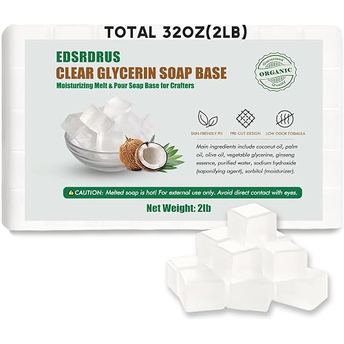 EDSRDRUS 2LB Unscented Glycerin Soap Base DIY Handmade Soap Moisturizing Melt and Pour Soap Base for Crafting, Vegetable Glycerin & Coconut Oil, Easy to Cut (Transparent, 2LB)