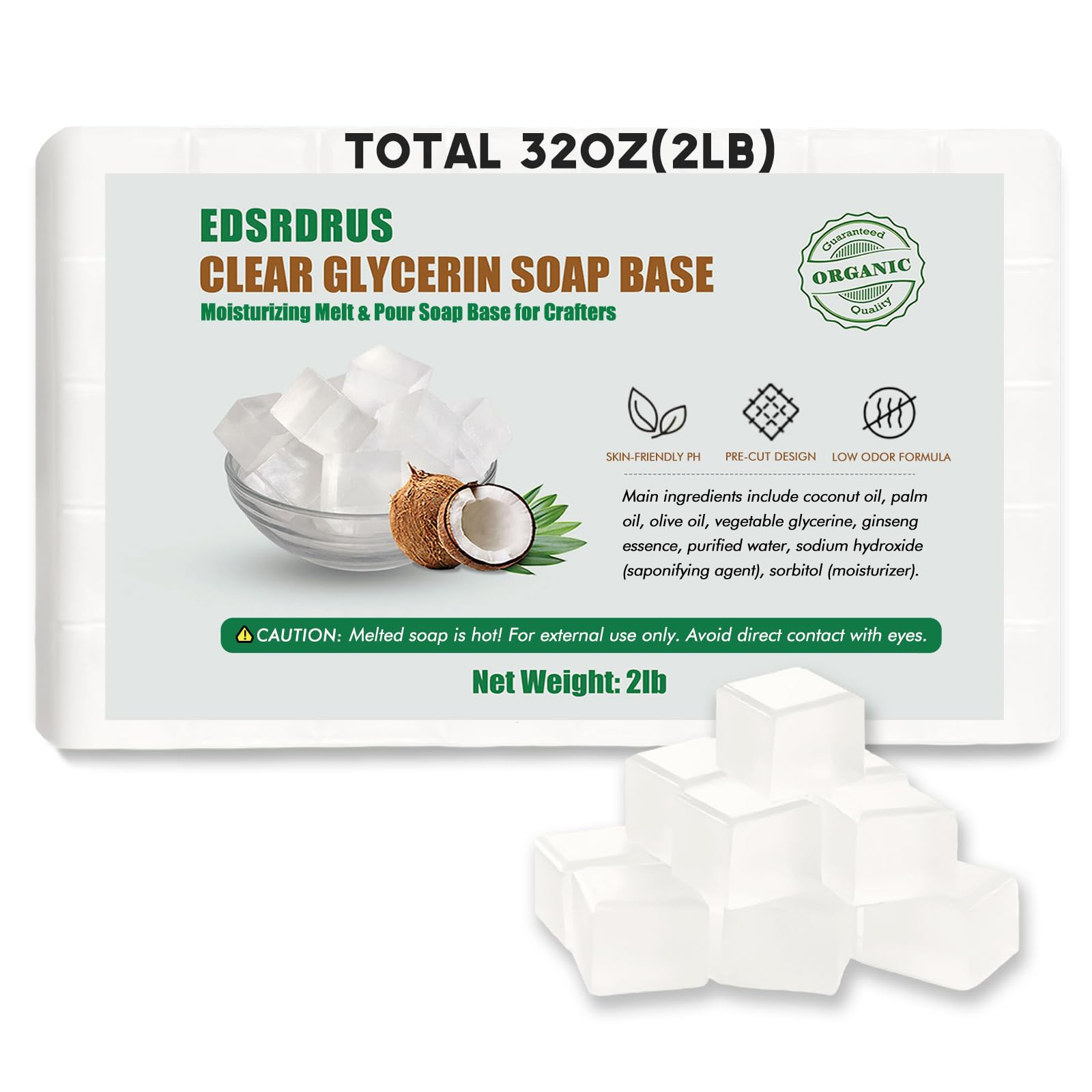 EDSRDRUS 2LB Unscented Glycerin Soap Base DIY Handmade Soap Moisturizing Melt and Pour Soap Base for Crafting, Vegetable Glycerin & Coconut Oil, Easy to Cut (Transparent, 2LB)