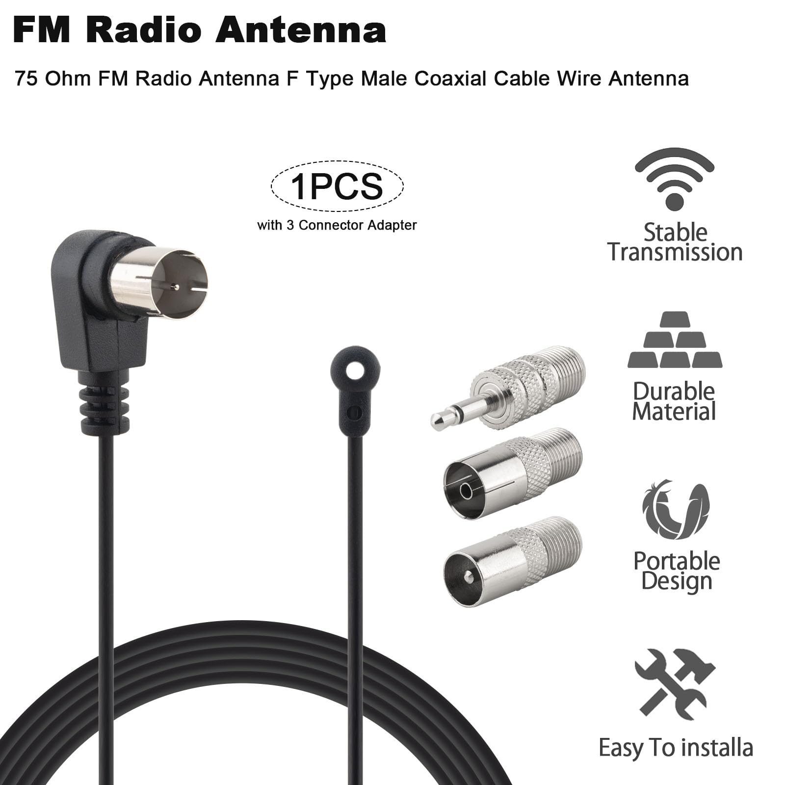 Antenne FM 75 Ohm - Antenne radio FM de type F mâle - Câble coaxial avec adaptateur pour Pioneer Onkyo Yamaha Marantz - Récepteur radio HD numérique d'intérieur - Radio FM AV audio vidéo