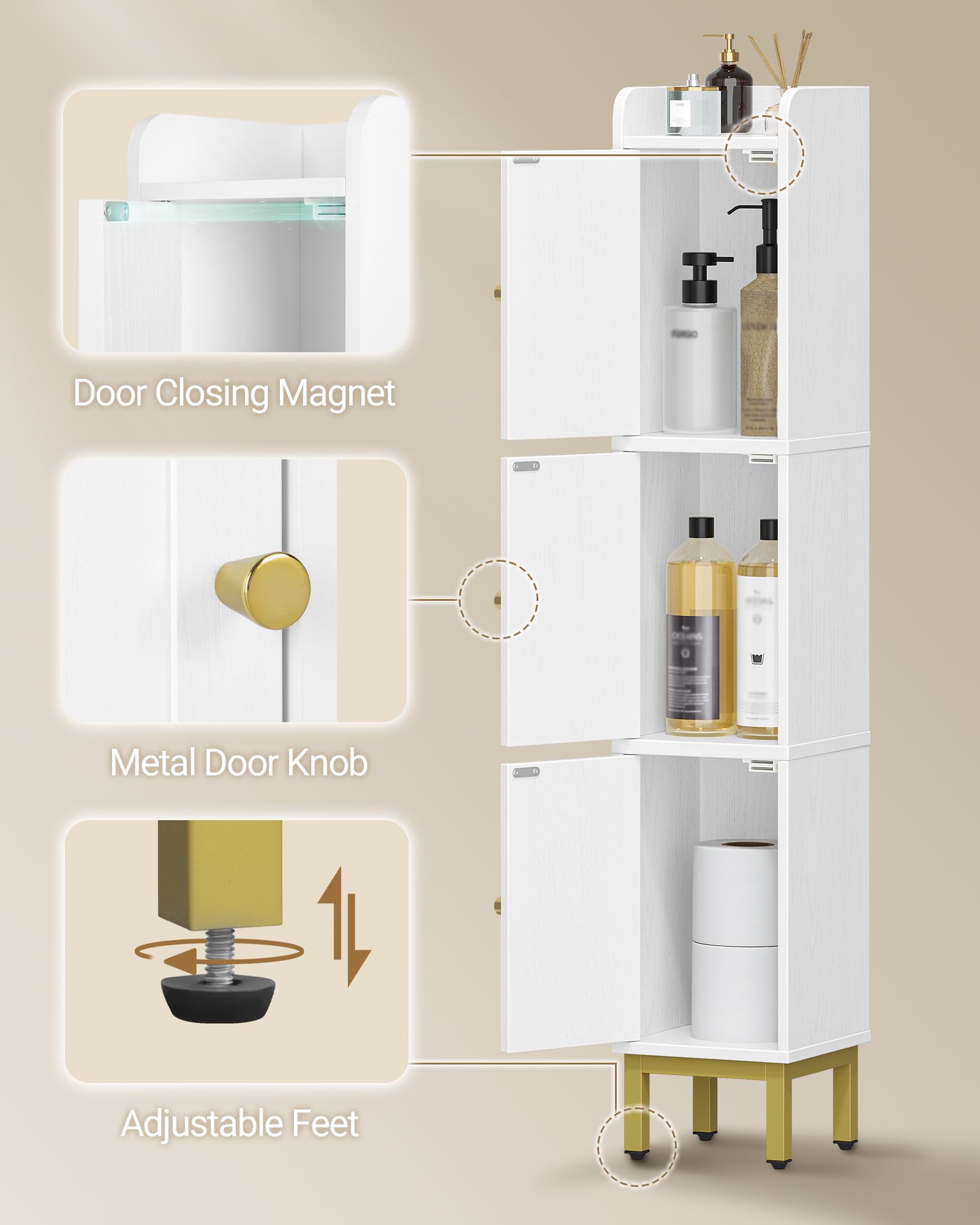 Hzuaneri Mueble de Baño, Armario de Almacenamiento Estrecho para Baño, 3 Puertas, 4 Patas Ajustables, para Lavadero, Cocina y Sala de Estar, 20 x 20 x 108,5 cm, Blanco BC22313G | Armario esquinero con patas ajustables, para cuarto de baño, cocina, 20 x 20