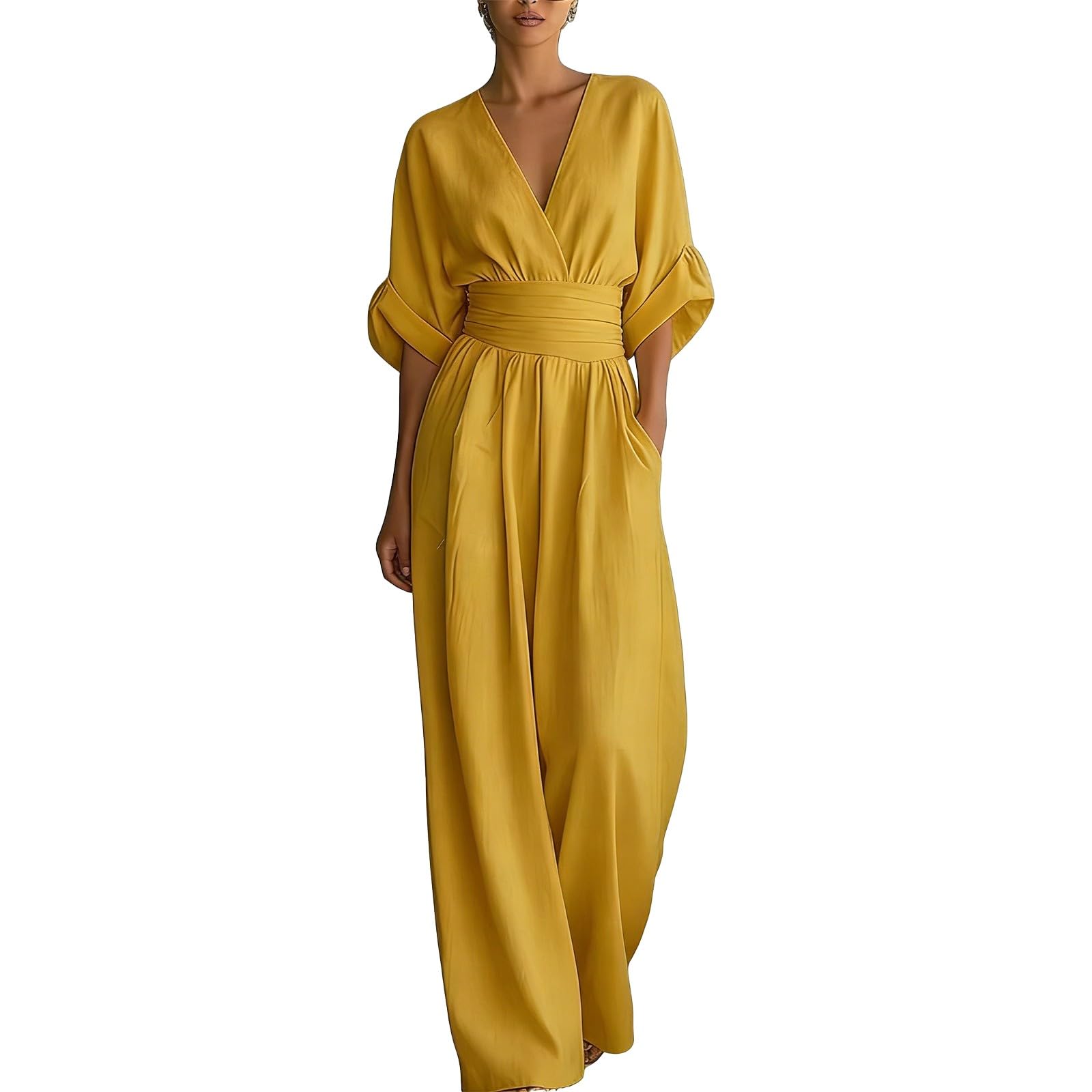 Generisch Tuta da donna elegante con maniche e scollo a V | Tuta con pantaloni, gamba larga, tutina lunga con tasca, vita alta, monopezzo, comoda mussola